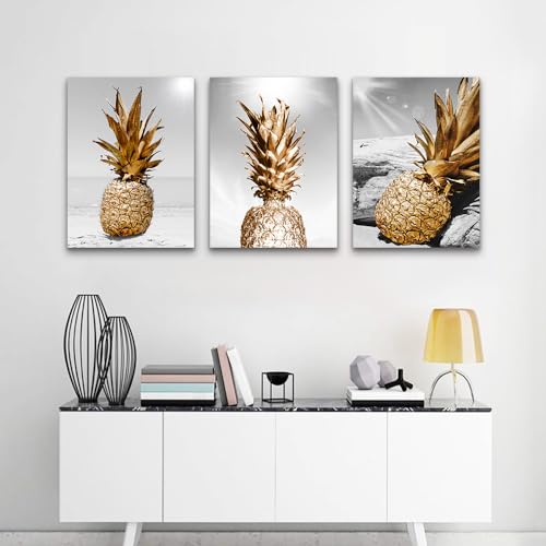 Lapremoly Large Wall Decor for Kitchen Dining Room Artwork Black And White Wall Painting 3 Piece Canvas Wall Art For Living Room Beach Scenery Pineapple Pictures Restaurant Framed Wall Decoration