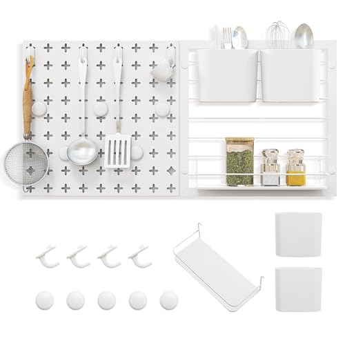 KOMFOTTEU Lochwand Stecktafel mit Organizer Set, kombiniertes pegboard 61 x 30,5 cm, Werkzeugwand mit Lagergestell Aufbewahrungsboxen, Magneten & 4 Haken, Lochplatte für Küche Büro bis 30kg belastbar
