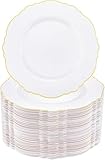 WDF 60pcs Gold Plastic Dinner Plates -10.25inch Baroque White and Gold Plates Fancy Heavy Duty Plastic Plates for Upscale Bridal Shower & Wedding & Birthday
