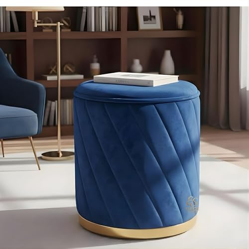 Image of Premium Velvet Ottoman Stool | Modern Round Pouffe with Gold Base | Multipurpose Seating | Living Room & Bedroom Decor (Blue Set of 2)