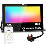Lighting master LED Floodlight 80W Equivalent 8000LM, Smart RGB Flood Lights Outdoor with APP Control, Colour Changing + Warm White, Timing - Scene - Garden Lighting, IP66, UK Plug（1 Pack