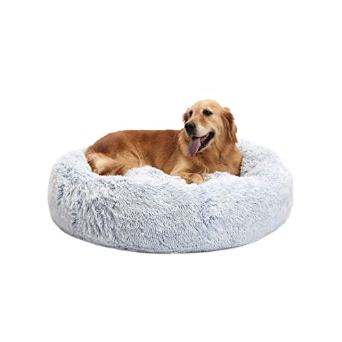 Image of Bedfolks Calming Donut Dog Bed, 36 Inches Round Fluffy for Large Dogs, Anti-Anxiety Plush, Machine Washable (Light Blue, Large)