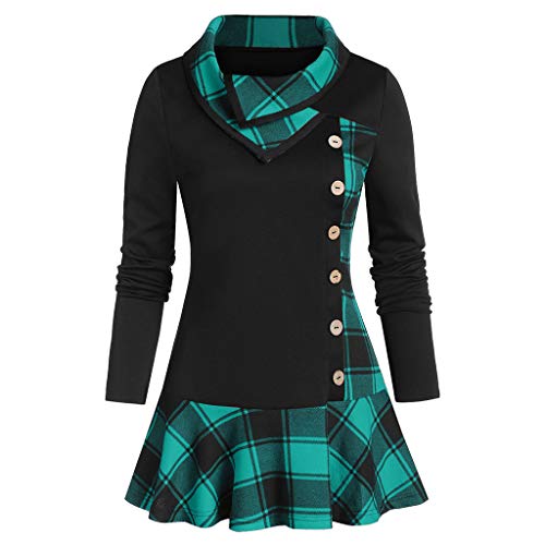 Preisvergleich Produktbild TEFIIR Damen Langarm Unregelmäßiger Saum Karierter Knopf Rollkragen Tartan Tunika Sweatshirt Pullover Strickpullover Blusen Langarm Oberteile Tops