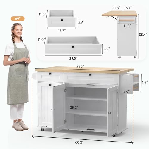 60" Kitchen Island with Power Outlet & Drop Leaf, Kitchen Rolling Island with Spice Rack & Towel Rack, Knife Holder, Kitchen Island Cart with Trash Storage Cabinet, Mobile Island Table for Kitchen