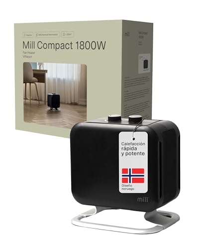 Mill Calefactor Bajo Consumo Cerámico 1800 W, Ventilador Portátil PTC para 5–30 m², Radiador Eléctrico de Pie Silencioso, Calentamiento Rápido, Negro, Enchufable, Diseñado en Noruega