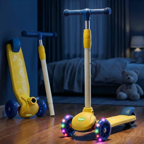 Image of Baybee Rydon Kids Scooter with 3 Height Adjustments | Portable Kick Scooter with PU LED Lights & Rear Brake | 3 Wheel Skating Scooter | Runner Scooter for Kids 2 to 10 Years Boys Girls (Yellow)