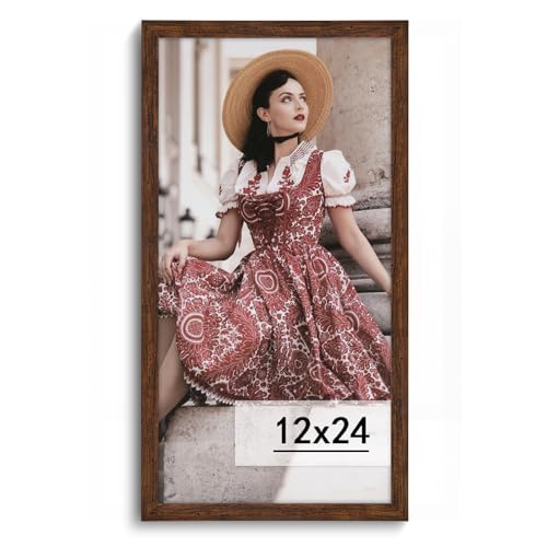 HLiWEGNS Dark Brown 12x24 Frame -Single Frame - Rustic Woodgrain 12 x 24 Poster Frame with Plexiglass for Wall Gallery Display, 12x24 Picture Frame for Puzzles, Artwork, Photos and Posters