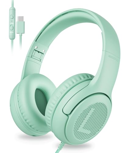 Image of awatrue USB-C Kids Headphones with Mic - 85 /94dB Volume Limiter, Foldable Wired Toddler Headphones for Boys & Girls, Over-Ear Type-C Kid Headphones for School, Travel, lPad, Tablet & Smartphones