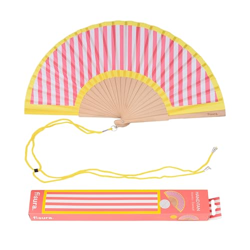 Fisura – Abanico original con estampado de rayas. Abanico de madera moderno y colorido. Ventilador de mano rosa y amarillo. Colgador incluido. Medidas: 42,5 x 23 cm