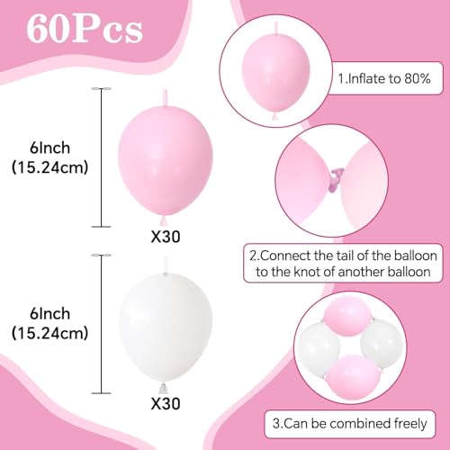 Image of Pink White Link Balloons,60Pcs 6Inch Baby Pink and White Latex Linking Balloons for Birthday Valentine's Day Baby Shower Wedding Anniversary Party Decorations