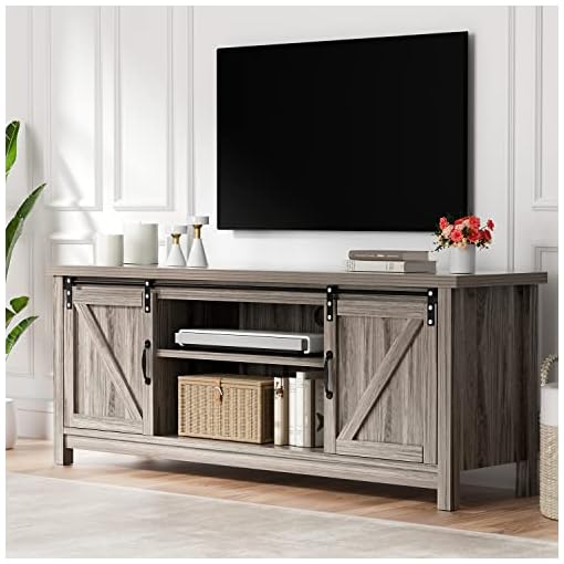 Catrimown Farmhouse TV Stand for 65 Inch TV, Grey TV Stand with Sliding