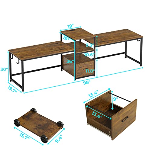 Sedeta 98" Home Office Desk, 2 Person Computer Desk With Letter/A4 File Drawer & Power Strip With Usb, Long Desk With Storage, Printer Shelf & Monitor Stand For Home Office, Rustic Brown #TOP5