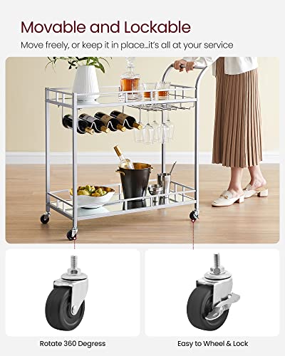 VASAGLE Bar Cart Silver, Home Bar Serving Cart, Wine Cart with 2 Mirrored Shelves, Wine Holders, Glass Holders, for Kitchen, Dining Room, Silver ULRC090E62