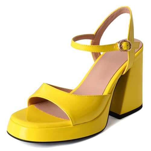 Lroey Reoly Sandalias de Mujer, Sandalias de Vestir de Tacón Alto con Punta Abierta Hebilla Tacón Chunky Sandalias Correa de Tobillo con Plataforma, 343Wpg Amarillo Talla 36 EU
