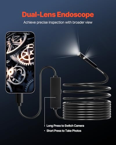 Cámara Endoscópica VEVOR con Luz, Borescopio de Lente Dual para Android e iOS, Cámara de Inspección HD 1920P con Luz LED 8 + 1, Zoom 2X, Cable Flexible de 16.4FT, Resistente al Agua IP67 para Auto y Plomería miniatura 2