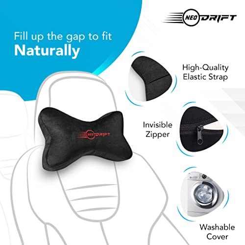 Image of Neodrift 'NeckBone' - Neck Rest Cushion Orthopedic Velvet Memory Foam Pillow for Neck, Head, Shoulder Support - Pain Relief for Car, Set of 2 (Colour-Black+Red)