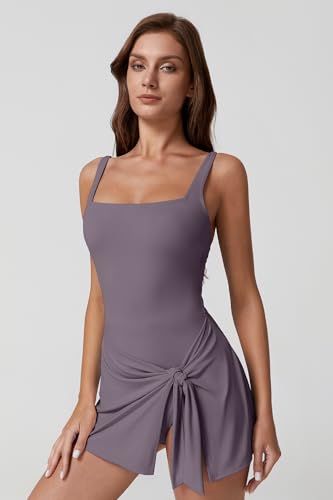 Image of QINSEN Square Neck Swim Dress for Women Tummy Control One Piece Swimsuit Wrap Bathing Suit