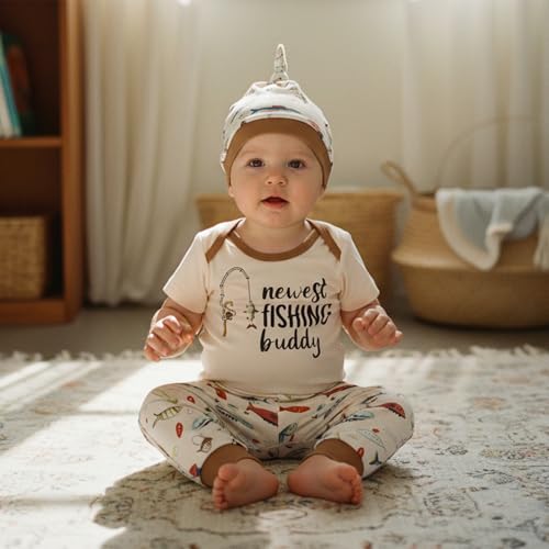 Image of Amnnchya Newborn Baby Boy Clothes Fishing Short Sleeve Romper Shirt Tops Pants Summer Spring Outfits Cute Hat Set