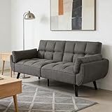 Divano 3 posti, schienale non reclinabile, rivestimento in lino Divano tre posti, 191 x 83 cm Divano moderno con gambe in legno massello, comodo, adatto per soggiorno e camera da letto (grigio scuro)