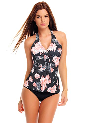Sommer 2024 -Damen Tankini Set mit Bauch Weg Effekt Badeanzug Neu f5480 Farbe: Tankini Schwarz/Apricot, Slip Schwarz A(1448)+S4(sw), Gr. 38
