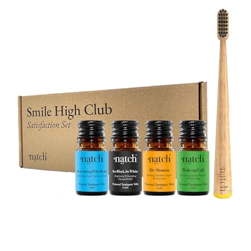 Natch Smile High Zahnpasta Tabletten 4er Mini-Set mit Hydroxylapatit & Bambus-Zahnbürste Für Reisen & als Geschenk Vegan Plastikfrei & Fluoridfrei je 6 Tabs