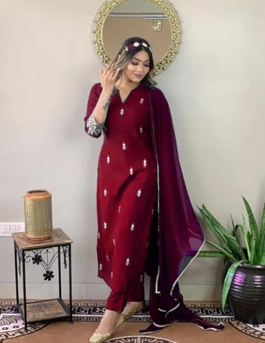 Image of Women Premium Collection Rayon Embroidered Straight Kurta Pant Dupatta Festive Ethnic Apparel Set
