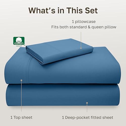 Image of California Design Den Twin Sheet Set - Luxury 600 Thread Count Sateen, Natural 100% Cotton Sheets, Fully Elasticized Deep Pockets, Crisp, Cool and Durable Hotel Quality Bedding - Parisian Blue