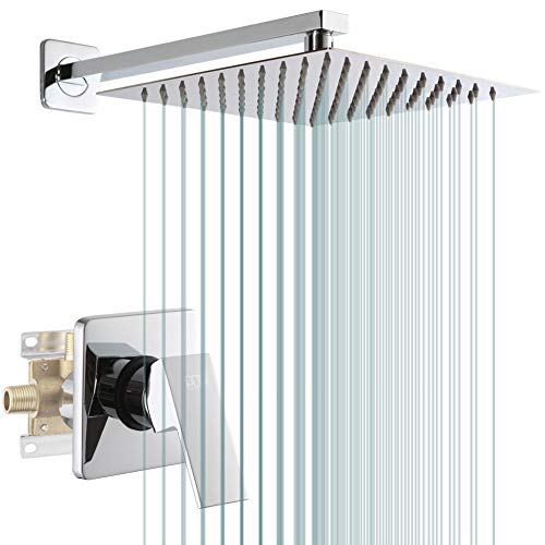 10 Inch Shower Only Faucet Set Polished Chrome Bathroom Rainfall Shower System with Shower Head and Handle Set Wall Mounted Single Function Mixer Shower Trim Kit with Rough-in Valve
