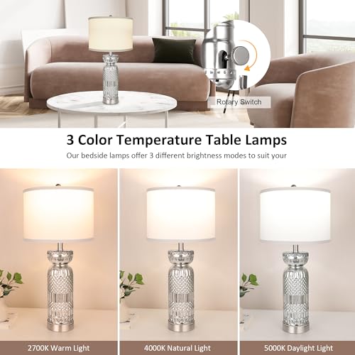 Hamucd STR-DL-0053 Mercury Glass Table Lamps Set Of 2 For Living Room With Usb A+C, 3 Color Temperature Sliver Crackle Lamps With White Shades Decor For Modern Bedroom Bedside Nightstand Crystal Lamps thumb #1