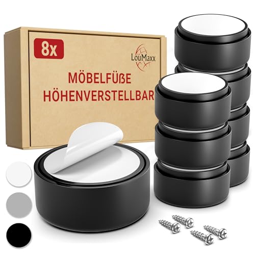 LouMaxx Möbelfüße höhenverstellbar– Füße für Möbel Ø 53,5 mm aus Kunststoff – Hochwertige Möbelerhöhung zum Kleben oder Schrauben – 8er Set Gleitfüße in Schwarz inkl. Montagematerial