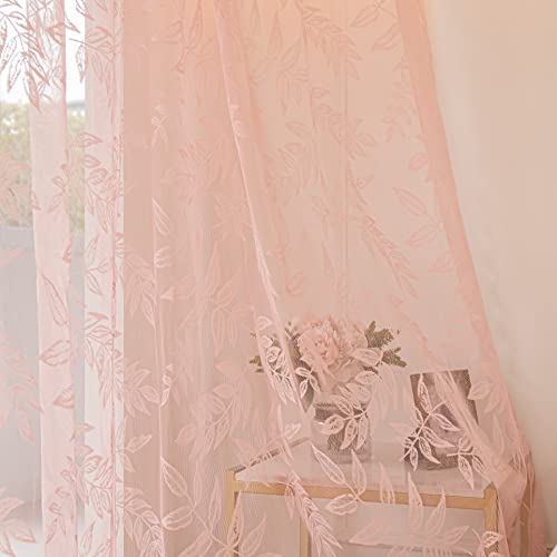 Sutuo Home Pink Lace Curtains 84 Inches Long, Leaf Embroidery Window Sheer Drapes Pair Knitted, Rod Pocket Vintage Country Window Treatments Set Of 2 Panels For Bedroom Living Room, 57" W X 84" L #TOP7