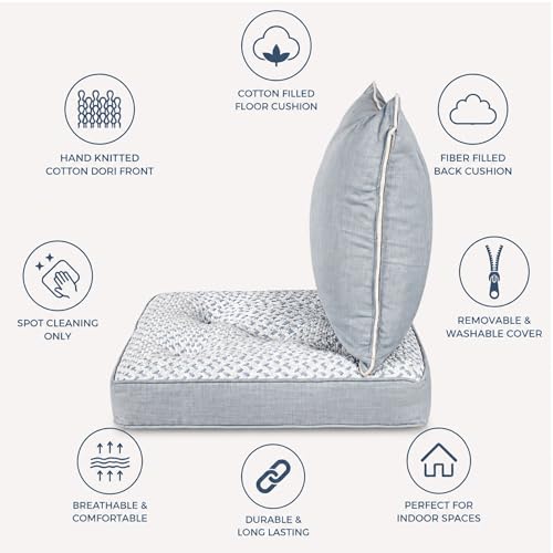 Image of Grey Woven Quilted Floor Cushion Set 60x60x10 CM with Fillers & Back Cushion, Large Size for Seating, Patio Seat, Meditation, Yoga, Pooja, Guests, Living 24x24x4 Inch