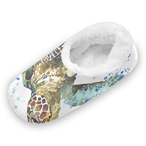 TropicalLife LUCKYEAH - Zapatillas de acuarela para casa de tortuga de mar para mujeres y hombres, zapatillas de pies peludos, cómodas y cálidas de espuma viscoelástica, zapatillas de felpa