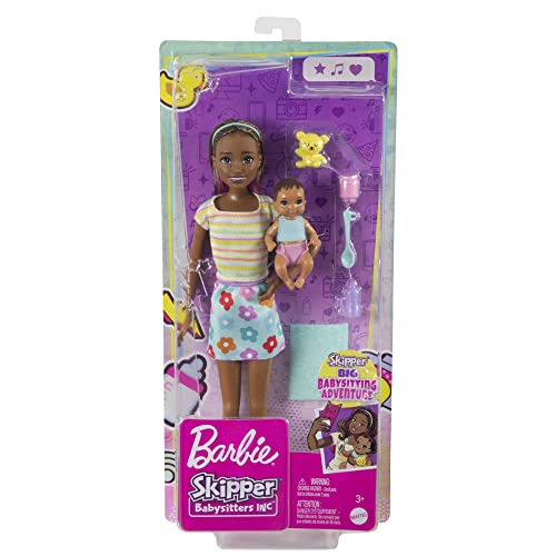 Image of Barbie Dolls and Accessories, Brunette Skipper Doll with Baby Figure and 5 Accessories, Babysitters Inc. Playset