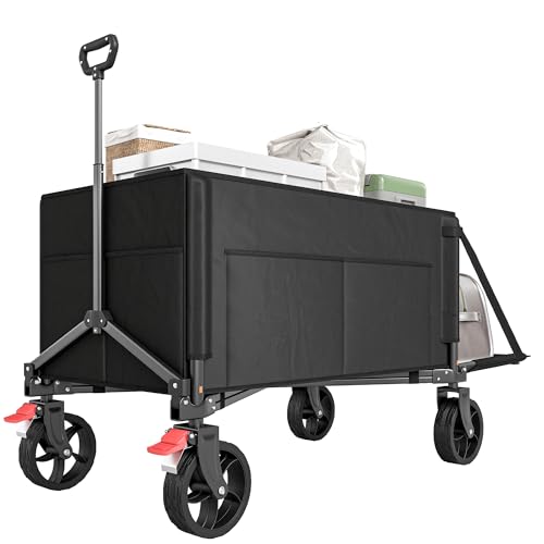 Outsunny Chariot de Transport de Plage Pliable 155L, Chariot de Jardin avec côtés ouvrables, poignée réglable et Poches latérales, Charge Max 100 kg, pour Camping, Shopping, Jardin, extérieur, Noir