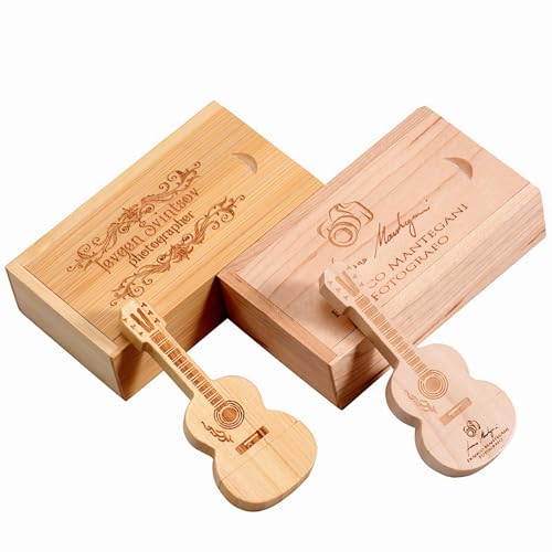 Custom Guitar Shaped Wood USB Flash Drive with Gift Box, Personalized Wood USB Stick Thumb Drives for Business, Promotional Events, Band Merchandise, Music Studios (100,512 MB)