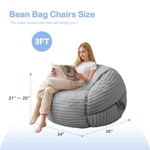 Image of 3FT Bean Bag Chair 3'Big Bean Bag Chairs with Adults, Large Beanbag Chair | Bean bags with Machine Washable Cover Corded Plush Fabric, Comfy Chairs for Living Room, Bedroom, Dorm, Lightgrey