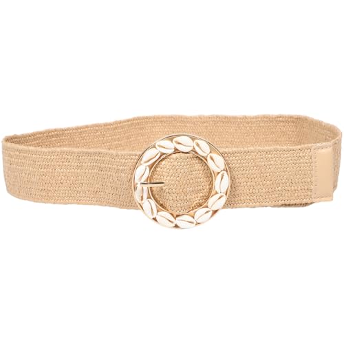 Wide Stretchy Belts for Women, Summer Boho Woven Stretchy Waist Belt with Shell Round Buckle for Vacation Outfits Dresses - Main Image