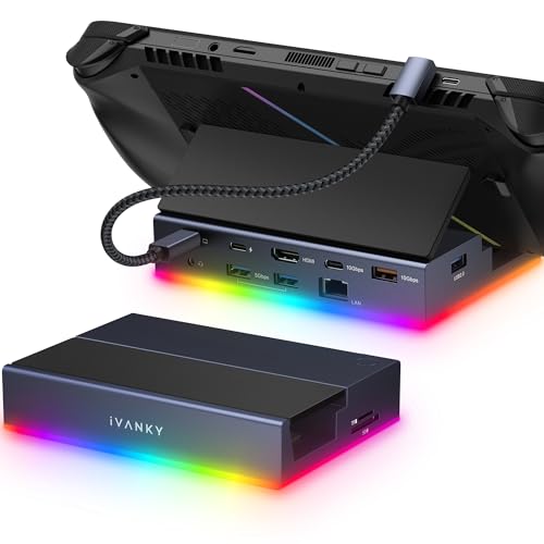 iVANKY 14-in-1 RGB 4K@144Hz Docking Station for Steam Deck OLED/ROG Ally X/Lenovo Legion Go S, Foldable Dock with HDMI Gigabit Ethernet 10Gbps USB 3.2, SD/TF Slots, 1Gbps Ethernet, 100W USB-C Charge