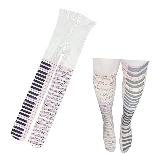Fosrisix Sheer Piano Print Tights with Keys and Notes Patterns, Light Pink and White Pontyhose for Wowen, Y2k Music Garter Tights for Dating Shooting Street Snap