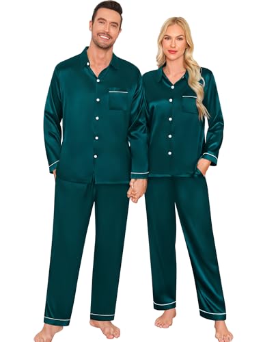 SWOMOG Women & Men Satin Pajamas Set Couple Matching Pajamas Long Sleeve Sleepwear Button Down Loungewear 2 Pcs Pj Set Women Z- Deep Green with classic collar X-Large