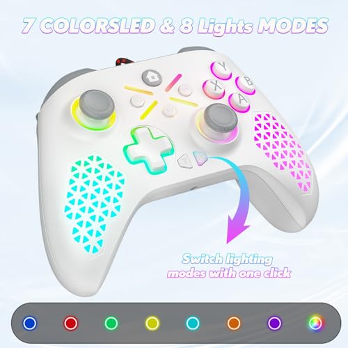 Image of Dinosoo 10ft Wired RGB Controller for X-box One Series X|S & PC, Turbo, Macro Function, 4 Vibration Motors, 3.5mm Audio Jack - Black White