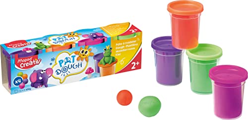 Maped - Set de Manualidades para Niños - Pat Dough 4 Botes Colores Fancy - A Partir de 2 Años - Masa para Modelar - Textura Suave y No Pegajosa - Naranja, Rosa, Verde y Violeta