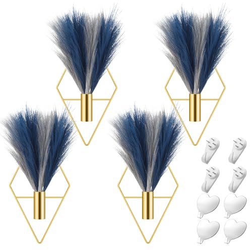 Hanaive 4 Sets Boho Gold Wall Decor Metal Wall Art Hanging Planters with Artificial Pampas Display Art Modern Home Metal Vase for Bedroom Living Room Home Office(Gold, Blue, Light Gray)