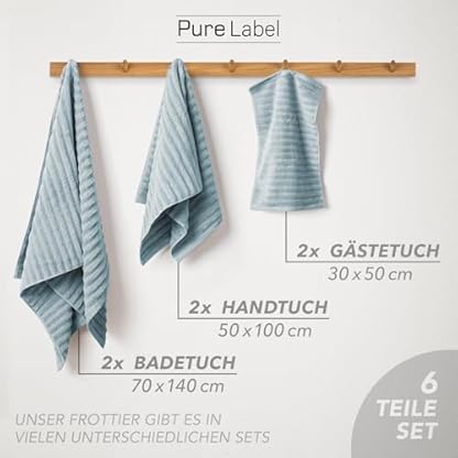 Pure Label 6-TLG. Handtücher Set mit Aufhängeschlaufen aus 100% Baumwolle, saugstark und weich - 2X Badetuch (70x140cm) 2X Handtuch (50x100cm) 2X Gästetuch (30x50cm), Blaugrau – Bild 4