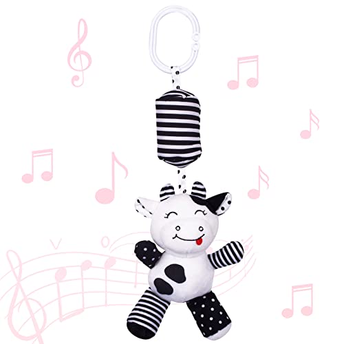 Image of GIKOP Cow Shape Soft Plush Baby Rattles, Car Seat Toys, Baby Crib Toys Hanging Rattle, Stroller Toys, Black and White Baby Plush Toys 0-3-6 Months