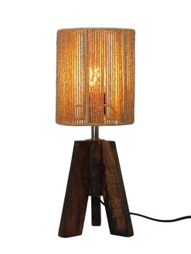 Image of Green Girgit Decorative Tri-Leg Stand Wooden Table Lamp with Dori Stripped Cylindrical Lamp Shade Bedside & Reading Night Lamp for Bedroom, Living Room & Home Decor | Warm Ambient Light