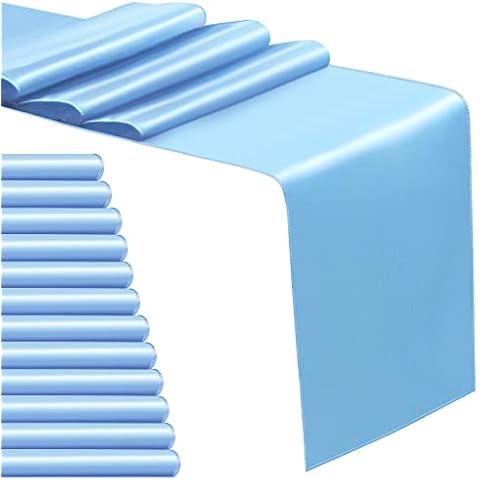 Sunfiy 12 Pack Satin Table Runner 12 x 108 Inch Baby Blue Long Table Cloth Satin Table Runners for Wedding Banquet Graduations Birthday Party Decoration Cover