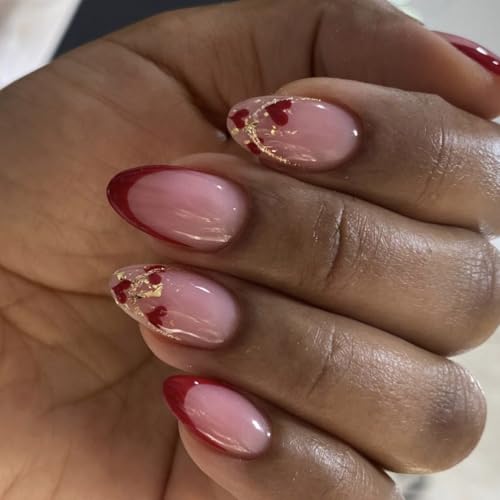 24 uñas postizas cortas para el día de San Valentín, estilo almendra, punta francesa, corazón brillante, pegamentos a presión