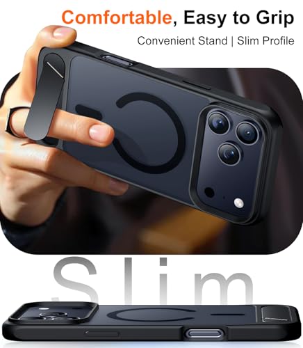 Image of Designed for iPhone 17 Pro Case, [Built-in Invisible Kickstand][Compatible with MagSafe][Military Grade Shockproof] Slim Translucent Matte Phone Case for iPhone 17 Pro 6.3 inch (Black)